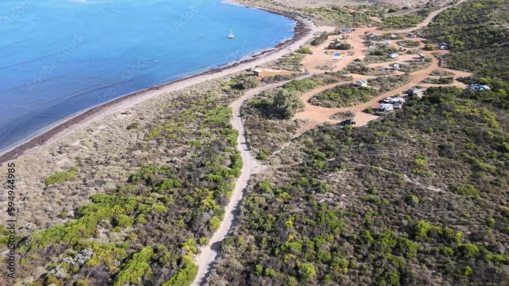 Drone approaches Coronation beach Campground from the south Western Australian coast line