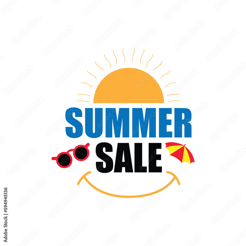 Summer sale vector illustration with sunglasses, umbrella, sun, smile icon. Summer special discount promotion business tag. Summer sale vector illustration with sunglasses, umbrella, sun, smile icon. Summer special discount promotion business tag.