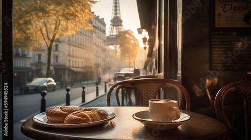 Coffee and croissant in street of Paris photo