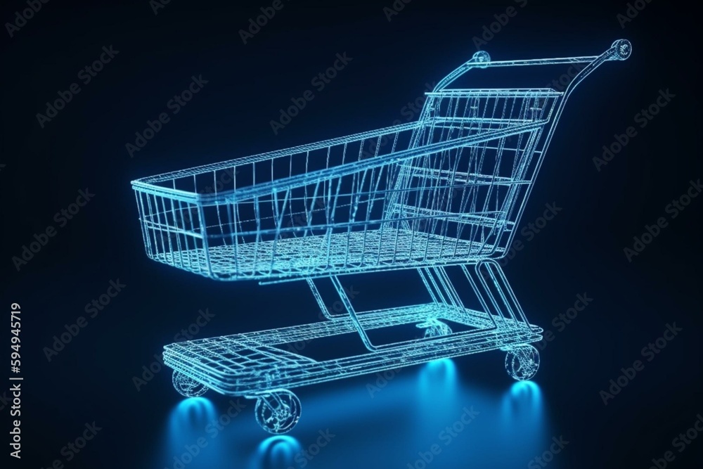 Online store. Wire shopping cart on the laptop. Polygonal construction of lines of points. Free space for information. Blue background. Generative AI