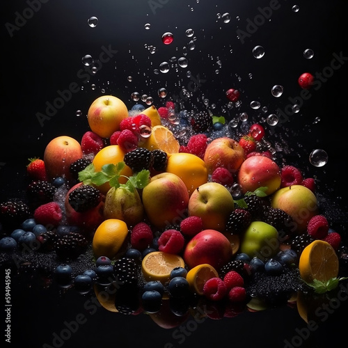 Variety of delicious fruits and berries in water splashes, AI generative illustration 