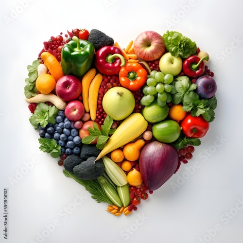 Illustration of a Creative Photo of Heart-shaped fruit and vegetable sculpture  Heart-Healthy eat vegetables and fruits message Healthy Heart A Colorful Display of Fruits and Vegetables  Ai generated