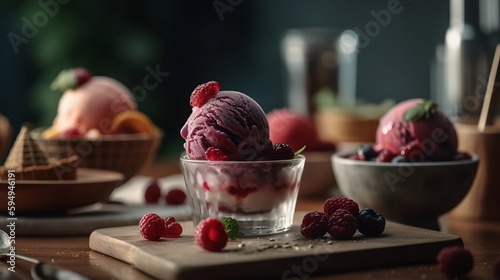 Ice cream of different flavors and topings, Generative AI photo