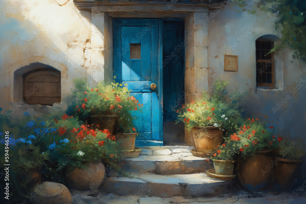 Φωτογραφία street in the town of island country, blue door
