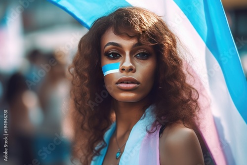 Beautiful fictional black transgender person with trans flag at gay pride, banner for pride month or transgender day of remembrance