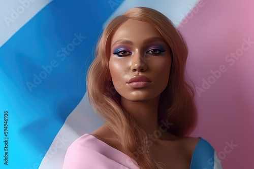 Beautiful fictional transgender person with trans flag at gay pride, banner for pride month created with generative ai