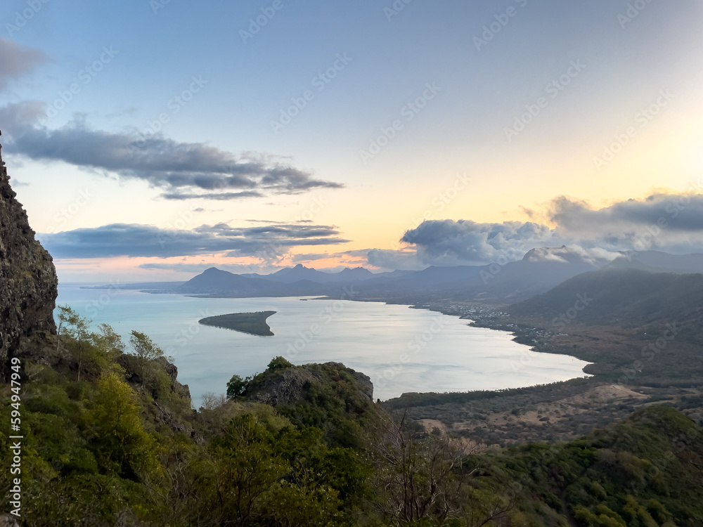 Sunrise from Le Morne Brabant Mountain, UNESCO World Heritage Site basaltic mountain with a summit of 556 metres, Mauritius