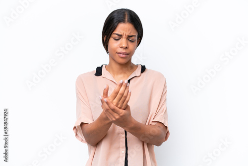 Young African american woman isolated on white background suffering from pain in hands