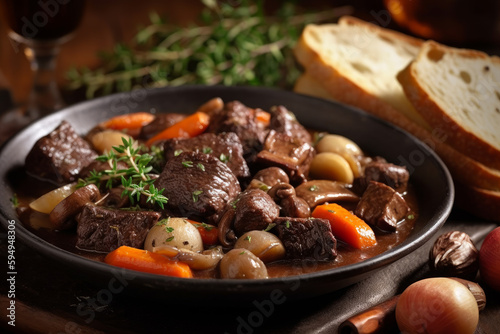 Beef bourguignon (France) buffet lunch. AI Generated.