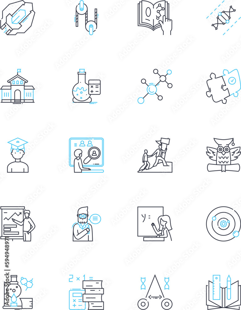 Digital university linear icons set. E-learning, Online courses, Virtual classrooms, Distance education, Webinars, Online lectures, Video lectures line vector and concept signs. E-books,Online