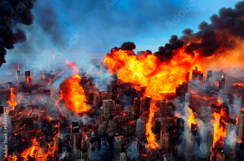 A strong fire, the city is on fire, buildings are burning. Generative AI