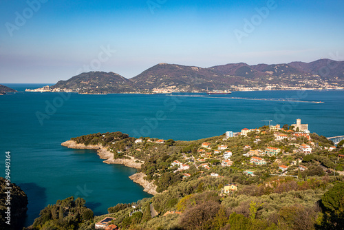 Elevated view of the Gulf of La Spezia, Liguria, Italy, Europe. Lerici town with the ancient castle, and Porto Venere, UNESCO world heritage site.