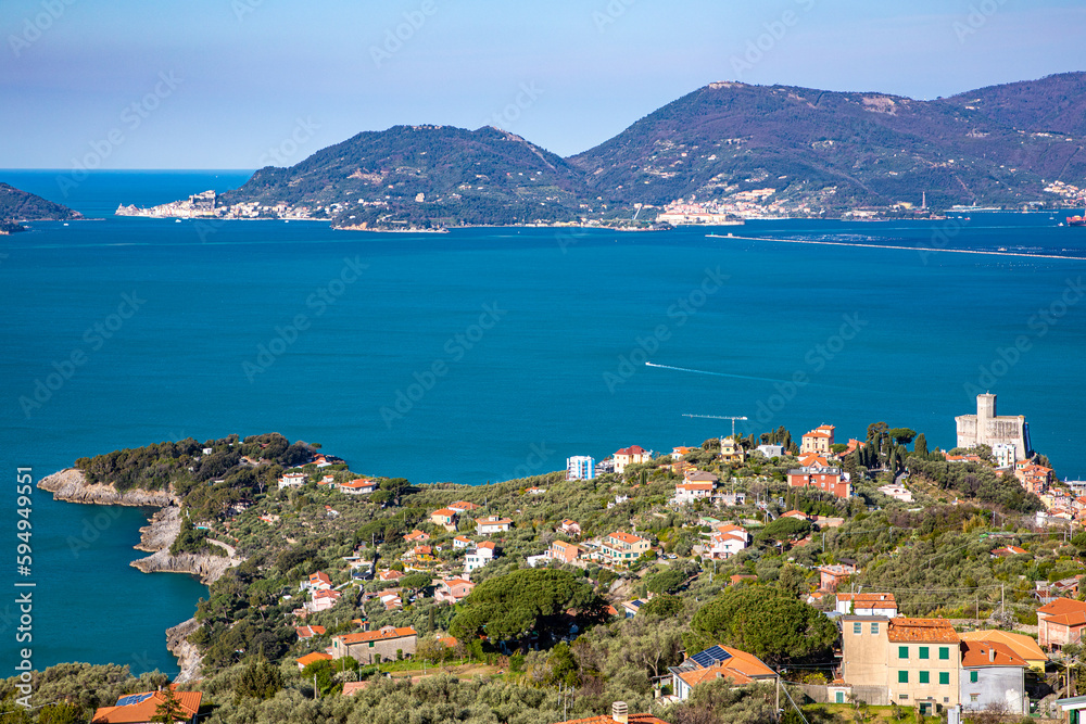 Elevated view of the Gulf of La Spezia, Liguria, Italy, Europe. Lerici town with the ancient castle, and Porto Venere, UNESCO world heritage site.