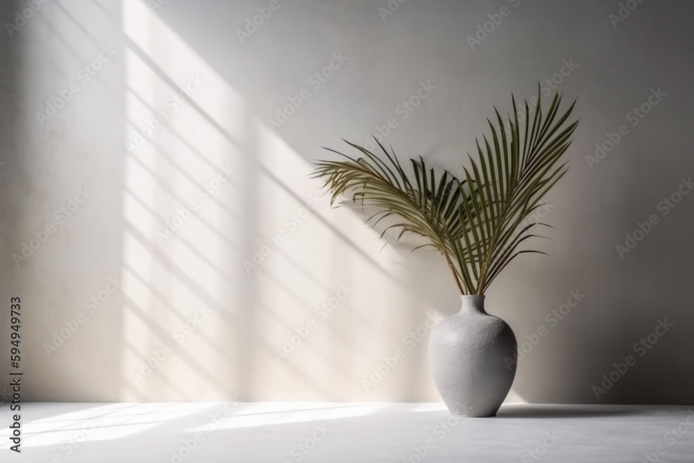 interior wall concrete design sunlight home house tree palm decor vase shadows. Generative AI. interior wall concrete design sunlight home house tree palm decor vase shadows. Generative AI.