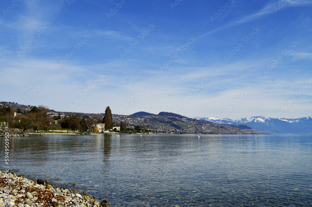 Landscape of a Swiss lake with a mountain range.