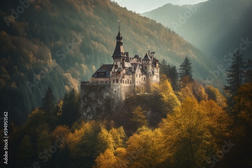 Fairy Tale Castle in the Mountains. Generative AI