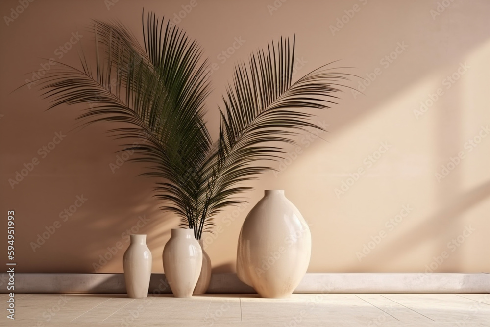 concrete beige sunlight wall interior shadows decor vase home natural design. Generative AI. concrete beige sunlight wall interior shadows decor vase home natural design. Generative AI.