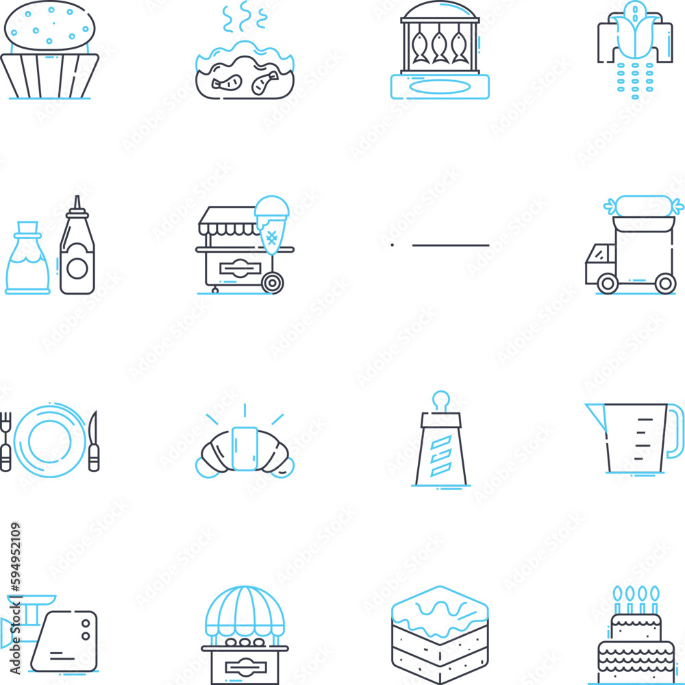 Baking food linear icons set. Flour, Sugar, Butter, Yeast, Dough, Oven, Cake line vector and concept signs. Bread,Pastry,Chocolate outline illustrations Baking food linear icons set. Flour, Sugar, Butter, Yeast, Dough, Oven, Cake line vector and concept signs. Bread,Pastry,Chocolate outline illustrations