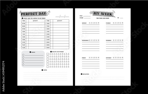 Collection of daily planners for life and planner sheets, organizer for personal and work issues , student , collage, Digital Planner, Cute and simple black and white Printable. Vector illustration.
