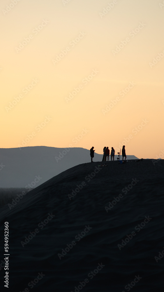 Group of people standing atop a grassy hill, surrounded by trees, while looking out into the horizon