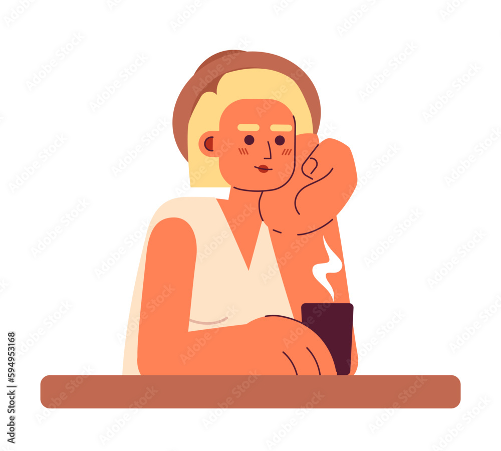 Female traveler sitting with hand on cheek and drinking tea semi flat colorful vector character. Editable half body person on white. Simple cartoon spot illustration for web graphic design, animation Female traveler sitting with hand on cheek and drinking tea semi flat colorful vector character. Editable half body person on white. Simple cartoon spot illustration for web graphic design, animation