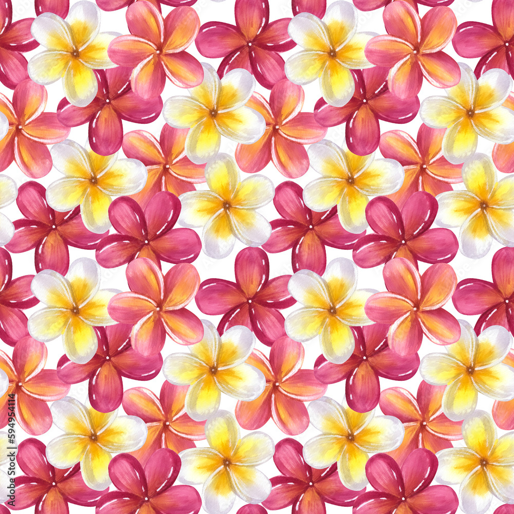 Fototapeta premium Seamless pattern Frangipani plumeria yellow pink flowers. Jungle tropical exotic foliage. Hand-drawn watercolor illustration isolated on white background. For textiles, packaging, prints