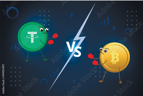 Currency battle USDT vs bitcoin. Digital currencies fight on a stylized background.