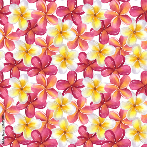Seamless pattern Frangipani plumeria yellow pink flowers. Jungle tropical exotic foliage. Hand-drawn watercolor illustration isolated on white background. For textiles  packaging  prints