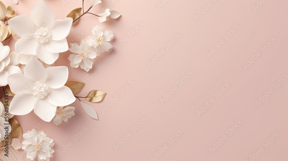 Background with soft elegant white flowers design on pink backdrop. Minimalist style. Exclusive graphic for backgrounds or media. Generative AI. 