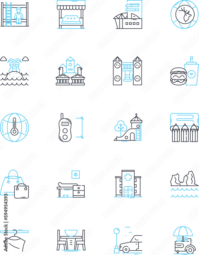 Rustic cabins linear icons set. Cozy, Natural, Serene, Secluded, Traditional, Woodsy, Rustic line vector and concept signs. Charming,Tranquil,Scenic outline illustrations