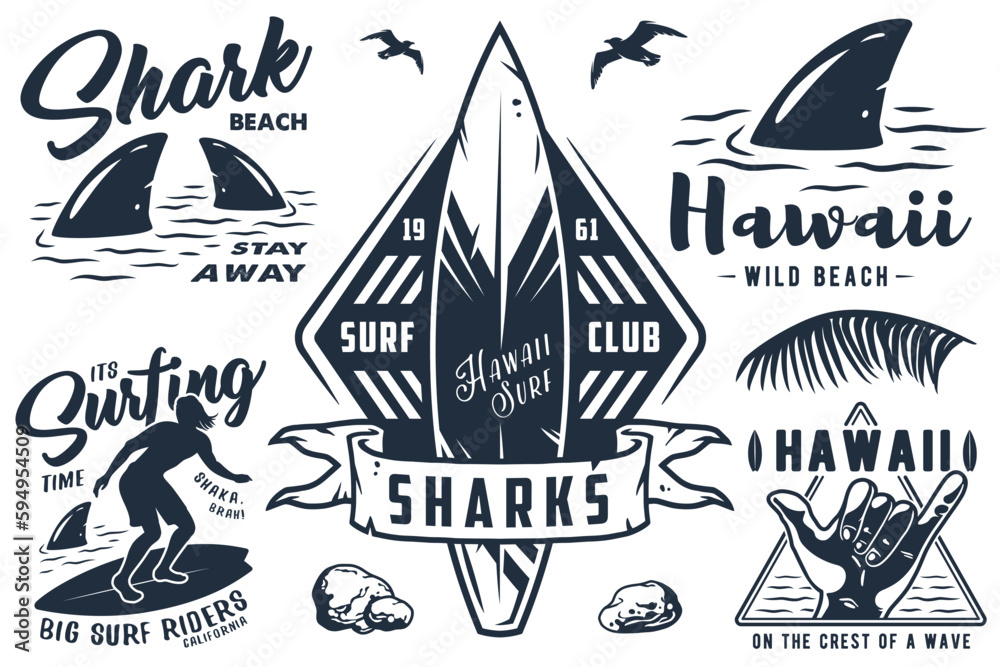 Summer surfing print set with surfer on wave. shaka, tiki mask and surfboard. Vector colored t-shirt hawaii apparel design Summer surfing print set with surfer on wave. shaka, tiki mask and surfboard. Vector colored t-shirt hawaii apparel design