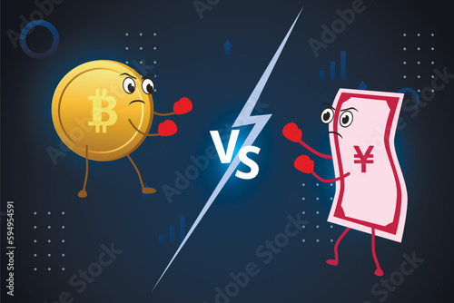 Currency battle bitcoin vs fiat yuan. Currencies fight On a stylized background.