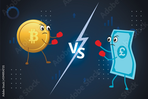 Battle of currencies bitcoin vs fiat pounds. Currencies fight on a stylized background.