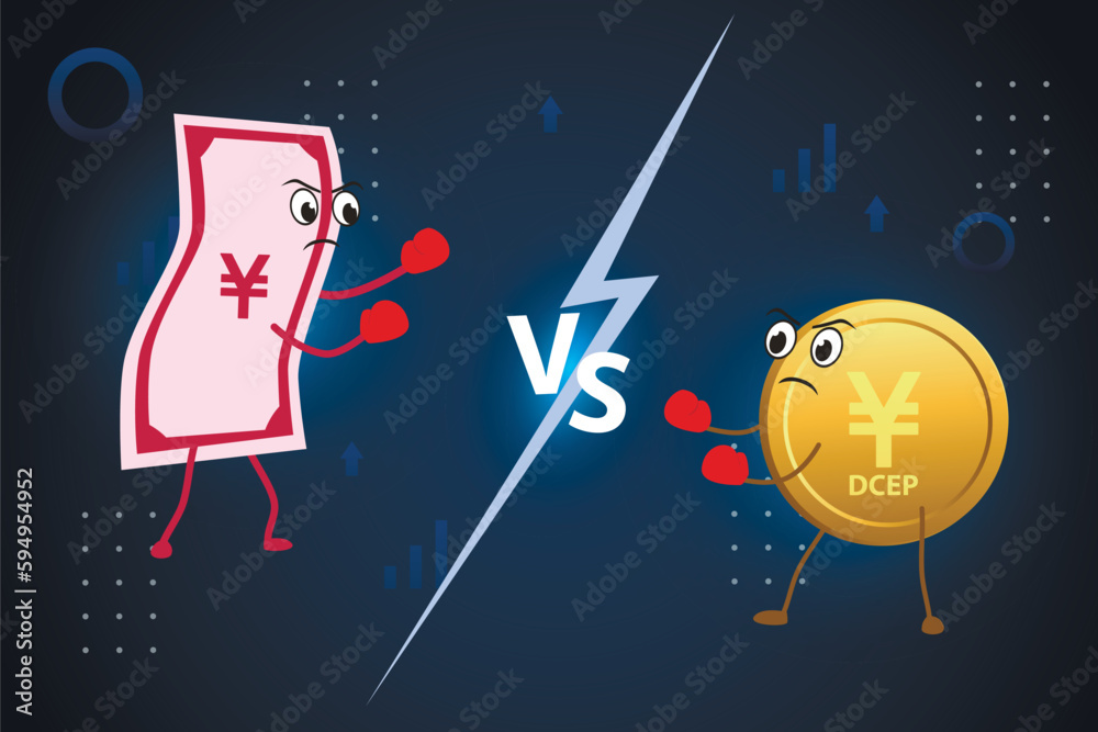 Naklejka premium Currency battle yuan against DCEP. Fiat yuan vs digital yuan fight on a stylized background.