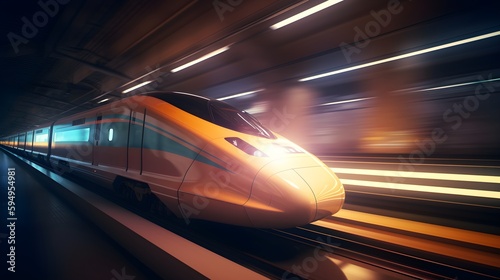 High tech Bullet train moving at a very high speed inside a tunnel, Shinkansen bullet train with motion blur, generative ai