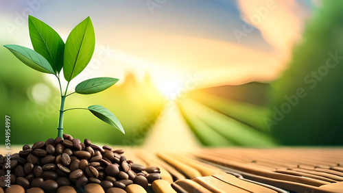 coffee seedling growing on coffee beans with sunlight background