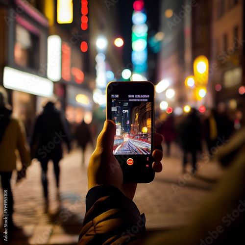 A bustling city street at night with blurred people in the background and colorful bokeh lights photo