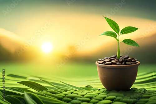 coffee seedling growing on coffee beans with sunlight background