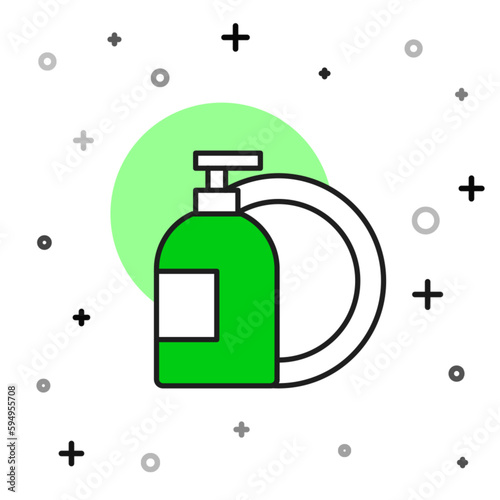 Filled outline Dishwashing liquid bottle and plate icon isolated on white background. Liquid detergent for washing dishes. Vector