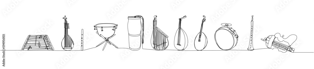 Ukrainian musical instruments set one line art. Continuous line drawing of big drum, kozobas, kobza, sopilka, tulumbas, buhai, buhalo, bandura, tsymbaly, dulcimer