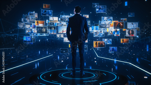 Photos Virtual Reality Internet Interface Concept: Businessman Stands in 3D Cyberspace