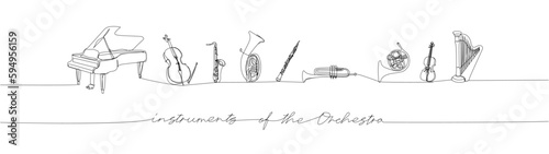 Instruments of the Orchestra set one line art. Continuous line drawing of grand piano, tuba, trumpet, french horn, violin, cello, harp with an inscription, lettering, handwritten.