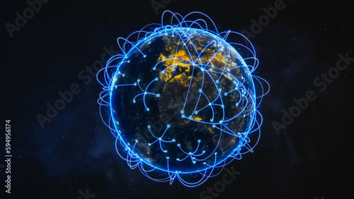 3D Graphics Concept: Spinning Planet Earth Seen from Space Sharing Rays of Information Between Cities. Global Network Connecting the World. Digitalization of e-Commerce, e-Business