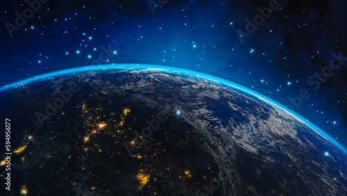 3D Graphics Concept: Spinning Planet Earth Seen from Space Sharing Rays of Information Between Cities. Global Digital Data Network Connecting the Whole World. Digitalization of e-Commerce, e-Business