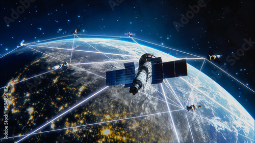 Many Satellites Flying over Earth as Seen from the Space, They Connect and Cover Planet with Digitalization Network of Information. Global Data Grid Connecting Whole World. 3D VFX Rendering photo