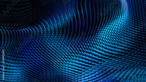Hypnotic Technological Abstract Concept: Digital Forest of Blue Metal Stem Lines Moving in Waves. Futuristic Visualization, Advanced Technology, Stylish Geometric Structure. VFX 3D Graphics Render