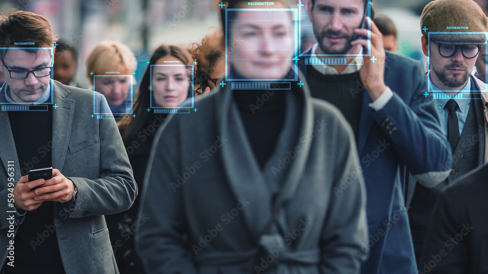 Crowd of Business People Tracked with Technology Walking on Busy Urban City Streets. CCTV AI Facial Recognition Big Data Analysis Interface Scanning, Showing Personal Information. Surveillance Concept - obrazy, fototapety, plakaty 