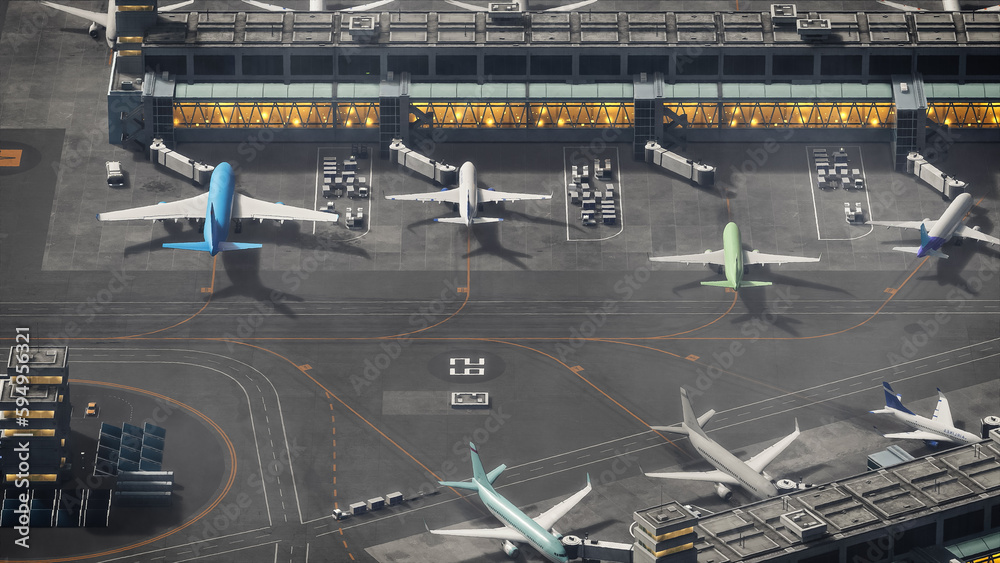 Aerial View of a 3D Commercial Airport Render with Planes, Passenger Terminals, Runway and Service Machinery. Top Down View of Modern Aircraft Parking in International Airport. VFX Edit. Aerial View of a 3D Commercial Airport Render with Planes, Passenger Terminals, Runway and Service Machinery. Top Down View of Modern Aircraft Parking in International Airport. VFX Edit.