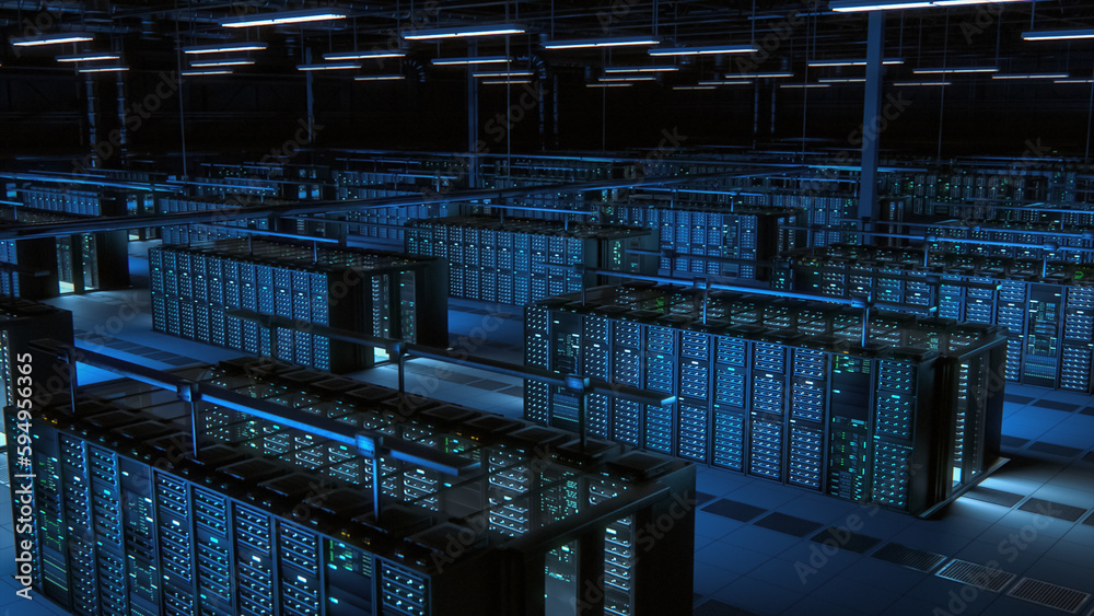 Modern Data Technology Center Server Racks Working in Dark Facility. Concept of Internet of Things, Big Data Protection, Storage, Cryptocurrency Farm, Cloud Computing. 3D Shot of High Tech Warehouse.