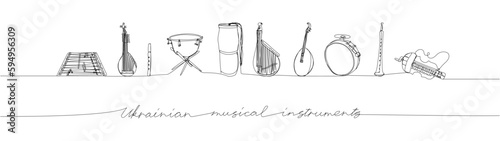 Ukrainian musical instruments set one line art. Continuous line drawing of big drum, kozobas, kobza, sopilka, tulumbas, buhai, buhalo, bandura, tsymbaly, dulcimer with an inscription, lettering.